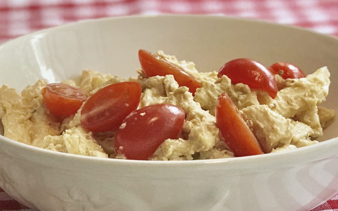 Baked Chicken Alfredo Mediterranean Pasta with Trazza Sun-Dried Tomato Basil Hummus